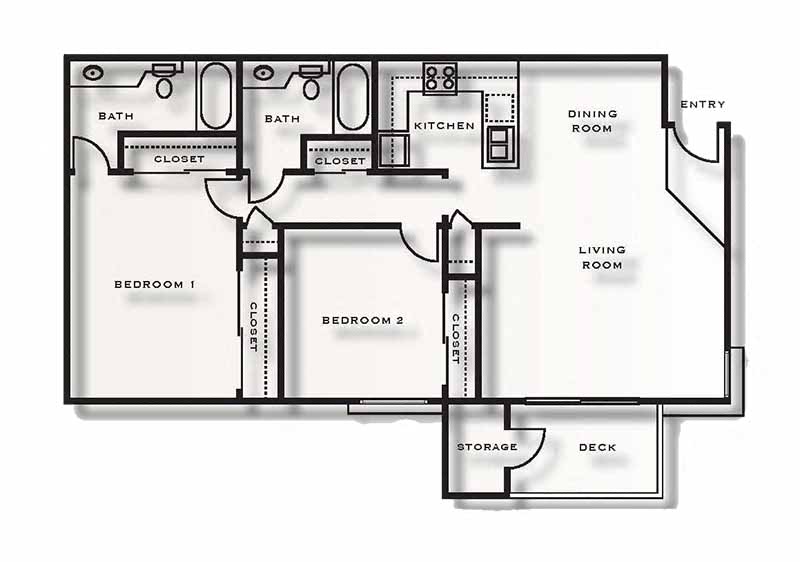 Floor plan for 2 beds, 2 baths, 908 sqft